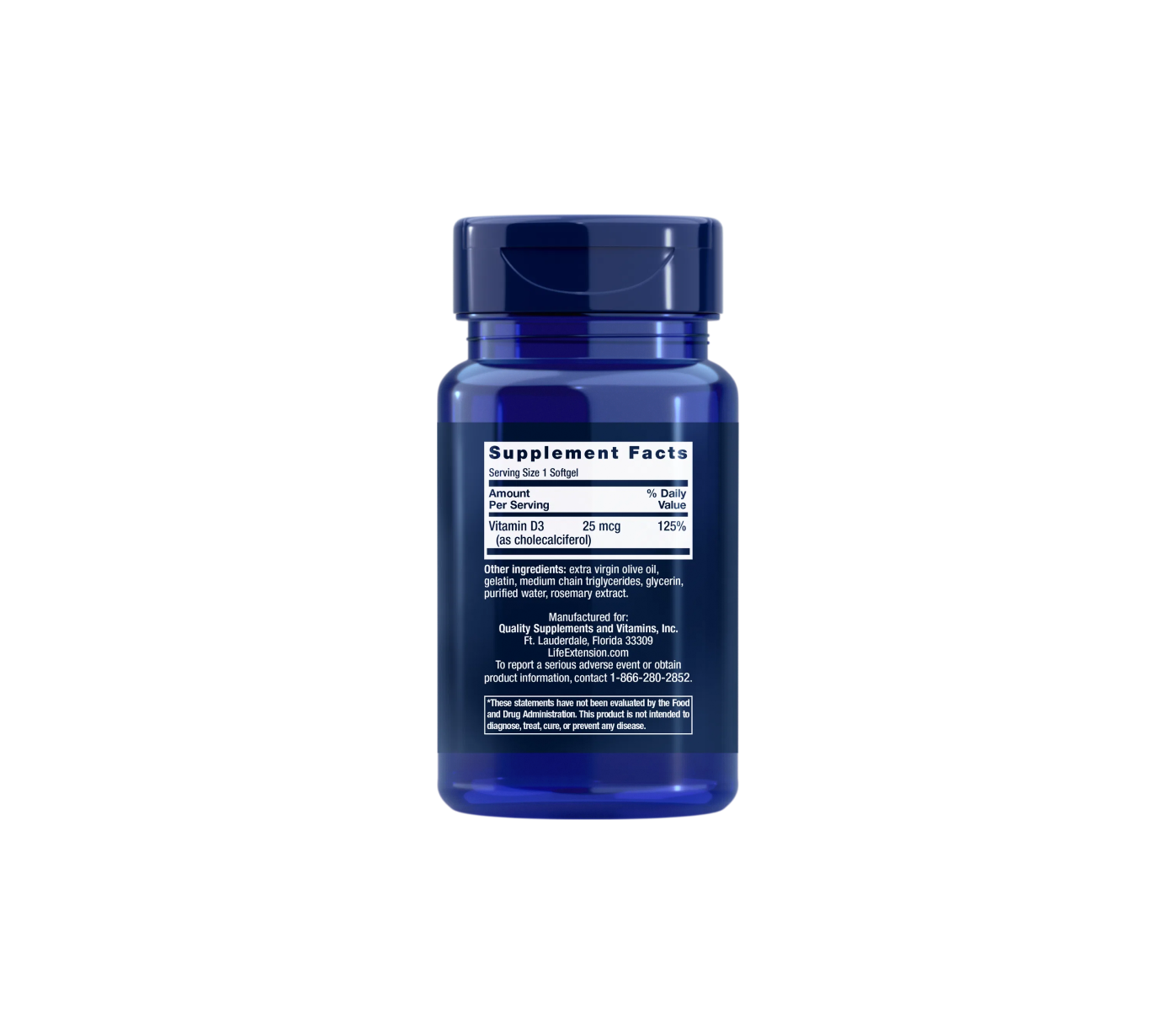 Life Extension supplement Vitamin D3, 25 mcg (1.000IU) 90 softgels for bone density-and immune function support, facts