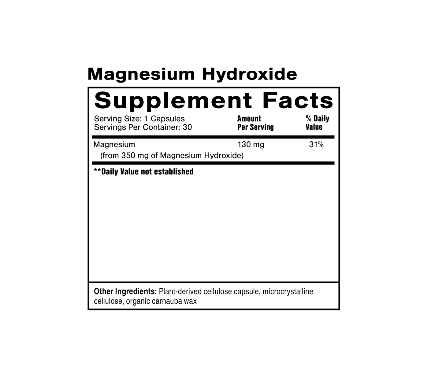 Magnesium Hydroxide, 120 vegan capsules. Healthy digestion & bowel movements. Vegan, sugar-free, gluten-free. Facts